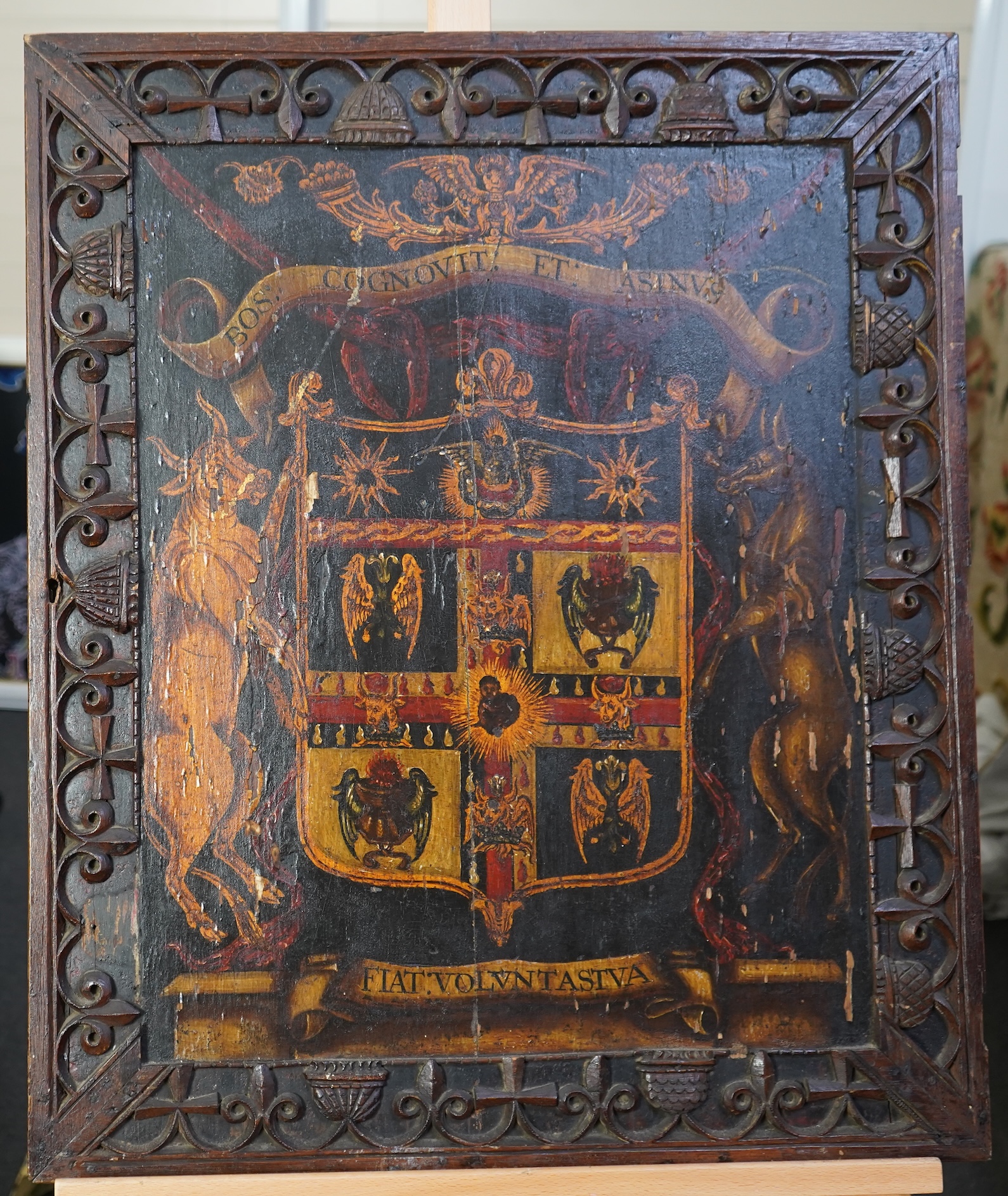 Continental school, Late 17th / early 18th century, Heraldic crest with donkey and ox